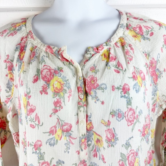 Chaps Cream 3/4 Sleeve Lighweight Boho Relaxed Buttoned Floral Pullover Blouse - Picture 4 of 9